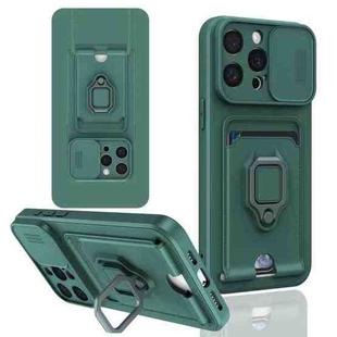 For iPhone 15 Pro Max Sliding Camshield Magnetic Card Holder Silicone Phone Case(Dark Night Green)