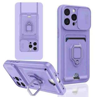 For iPhone 15 Pro Sliding Camshield Magnetic Card Holder Silicone Phone Case(Light Purple)