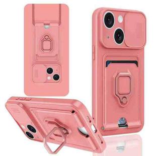 For iPhone 15 Plus Sliding Camshield Magnetic Card Holder Silicone Phone Case(Pink)