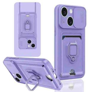 For iPhone 15 Plus Sliding Camshield Magnetic Card Holder Silicone Phone Case(Light Purple)