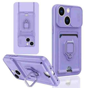 For iPhone 14 Plus Sliding Camshield Magnetic Card Holder Silicone Phone Case(Light Purple)