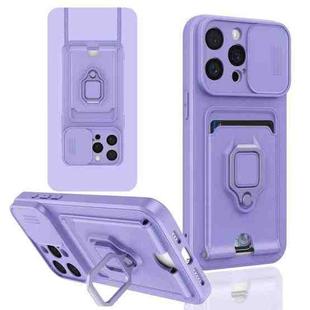 For iPhone 14 Pro Max Sliding Camshield Magnetic Card Holder Silicone Phone Case(Light Purple)