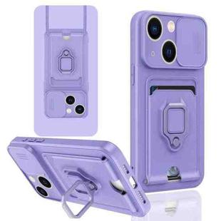 For iPhone 13 Sliding Camshield Magnetic Card Holder Silicone Phone Case(Light Purple)
