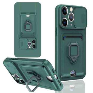 For iPhone 11 Pro Sliding Camshield Magnetic Card Holder Silicone Phone Case(Dark Night Green)