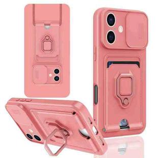 For iPhone 16 Sliding Camshield Magnetic Card Holder Silicone Phone Case(Pink)