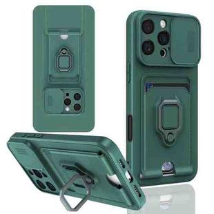 For iPhone 16 Pro Max Sliding Camshield Magnetic Card Holder Silicone Phone Case(Dark Night Green)