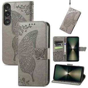 For Sony Xperia 1 VI Butterfly Love Flower Embossed Leather Phone Case(Gray)