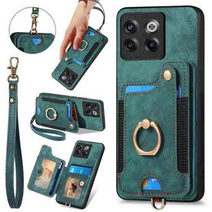 For OnePlus 10T Retro Skin-feel Ring Multi-card RFID Wallet Phone Case(Green)