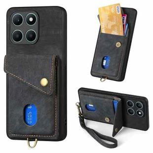 For Honor X6a Retro Card Wallet Fold Leather Phone Case with Strap(Black)