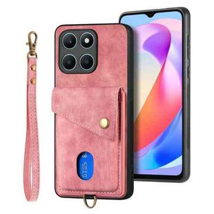 For Honor X6a Retro Card Wallet Fold Leather Phone Case with Strap(Pink)