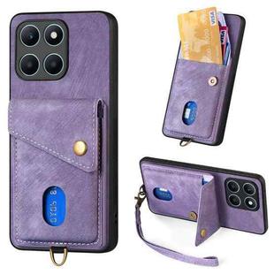 For Honor X6a Retro Card Wallet Fold Leather Phone Case with Strap(Purple)