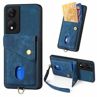 For Honor X7b Retro Card Wallet Fold Leather Phone Case with Strap(Blue)