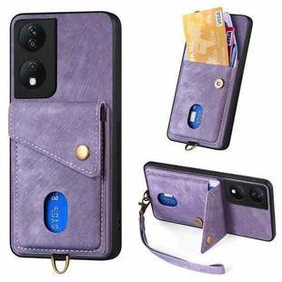 For Honor X7b Retro Card Wallet Fold Leather Phone Case with Strap(Purple)