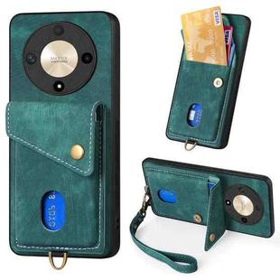 For Honor X9b Retro Card Wallet Fold Leather Phone Case with Strap(Green)