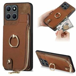 For Honor X6a Cross Leather Ring Vertical Zipper Wallet Back Phone Case(Brown)