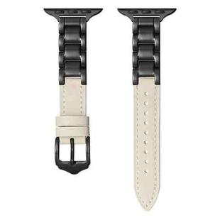 For Apple Watch SE 2023 44mm Ceramic Color Buckle Contrast Leather Watch Band(Beige+Black+Black Buckle)