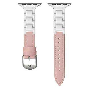 For Apple Watch Series 7 45mm Ceramic Color Buckle Contrast Leather Watch Band(Light Pink+White+Silver Buckle)