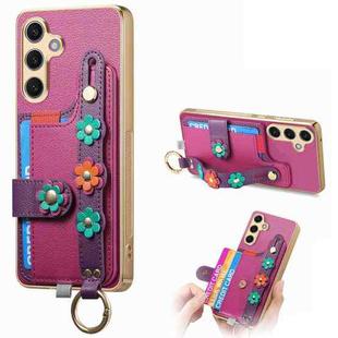 For Samsung Galaxy S24+ 5G Stereoscopic Flowers Wristband Card Bag Phone Case(Purple)