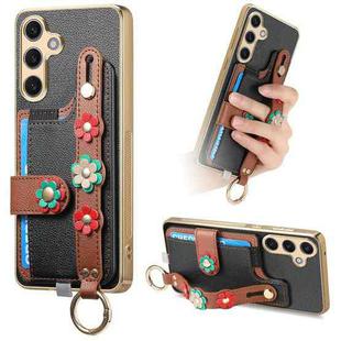 For Samsung Galaxy S24+ 5G Stereoscopic Flowers Wristband Card Bag Phone Case(Black)