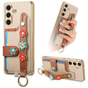 For Samsung Galaxy S24+ 5G Stereoscopic Flowers Wristband Card Bag Phone Case(Khaki)