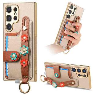 For Samsung Galaxy S24 Ultra 5G Stereoscopic Flowers Wristband Card Bag Phone Case(Khaki)