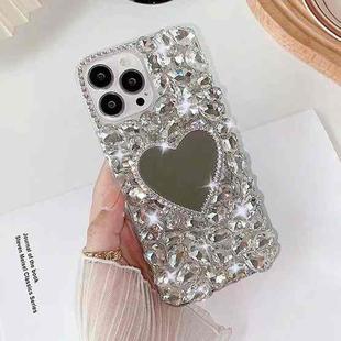 For iPhone 15 Pro Max Mirror Handmade Bling Rhinestone PC Phone Case(Silver Gray Love)