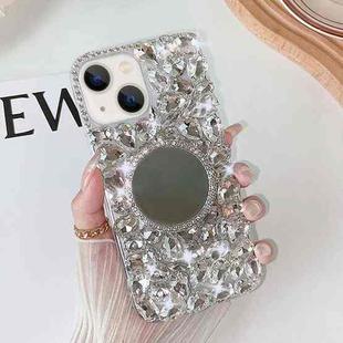 For iPhone 15 Mirror Handmade Bling Rhinestone PC Phone Case(Silver Gray Round)