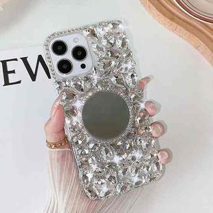 For iPhone 13 Pro Max Mirror Handmade Bling Rhinestone PC Phone Case(Silver Gray Round)