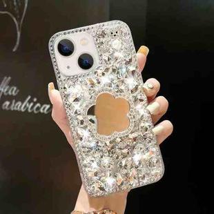 For iPhone 13 mini Mirror Handmade Bling Rhinestone PC Phone Case(Silver Gray Flower)