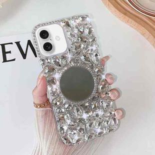 For iPhone 16 Mirror Handmade Bling Rhinestone PC Phone Case(Silver Gray Round)