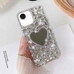 For iPhone 16e Mirror Handmade Bling Rhinestone PC Phone Case(Silver Gray Love)