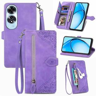 For OPPO A60 Embossed Flower Zipper Leather Phone Case(Purple)