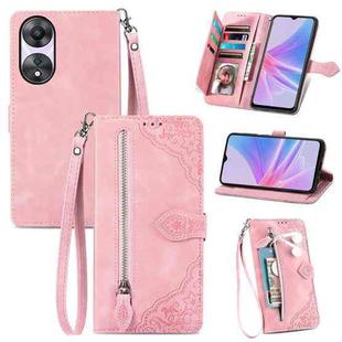 For OPPO A78 5G Embossed Flower Zipper Leather Phone Case(Pink)