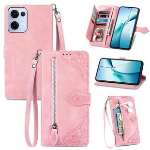 For OPPO Reno13 Embossed Flower Zipper Leather Phone Case(Pink)