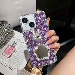 For iPhone 15 Diamond Mirror Bunny Handmade PC Phone Case(Purple Flower Mirror)