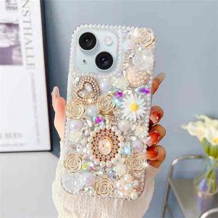 For iPhone 15 Diamond Inlaid Rose PC Phone Case(White)