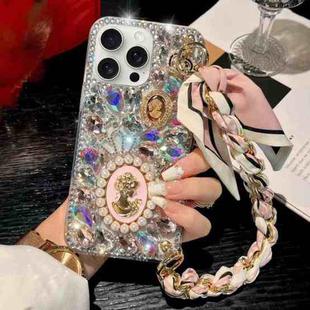 For iPhone 15 Pro Handmade Diamond Purple Gemstone Scarf Bracelet PC Phone Case(Pink)