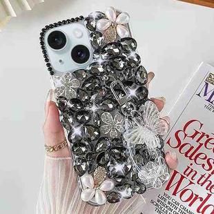 For iPhone 15 Plus Handmade Butterfly Diamond Inlay PC Phone Case(Black)