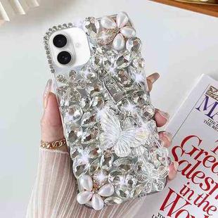 For iPhone 16 Handmade Butterfly Diamond Inlay PC Phone Case(White)