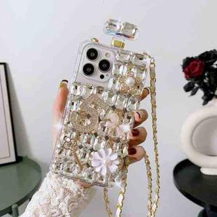 For iPhone 13 Pro Max Crossbody Perfume Bottle Handmade Inlaid Diamond PC Phone Case(White)