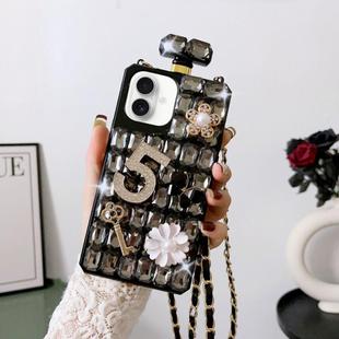 For iPhone 16 Crossbody Perfume Bottle Handmade Inlaid Diamond PC Phone Case(Black)