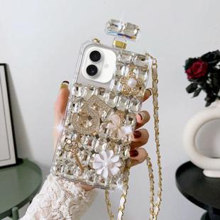 For iPhone 16 Crossbody Perfume Bottle Handmade Inlaid Diamond PC Phone Case(White)