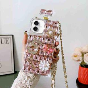 For iPhone 16 Plus Crossbody Perfume Bottle Handmade Inlaid Diamond PC Phone Case(Pink)