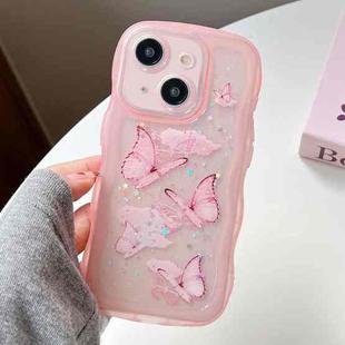 For iPhone 15 Plus Wave Edge Butterfly TPU Hybrid PC Phone Case(Pink)