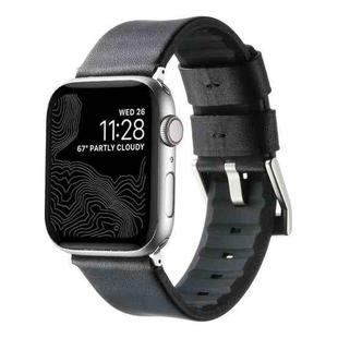 For Apple Watch Ultra 2 49mm Genuine Leather Hybrid Silicone Watch Band(Black + Sliver Buckle)