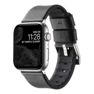 For Apple Watch SE 2023 44mm Genuine Leather Hybrid Silicone Watch Band(Coffee Sliver Buckle)