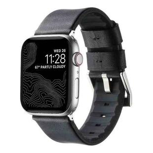 For Apple Watch SE 2022 44mm Genuine Leather Hybrid Silicone Watch Band(Black + Sliver Buckle)