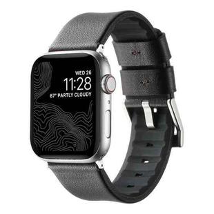 For Apple Watch Series 5 44mm Genuine Leather Hybrid Silicone Watch Band(Coffee Sliver Buckle)