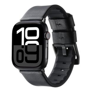 For Apple Watch Series 10 42mm Genuine Leather Hybrid Silicone Watch Band(Black Black Buckle)