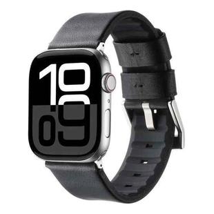 For Apple Watch Series 10 42mm Genuine Leather Hybrid Silicone Watch Band(Black Sliver Buckle)